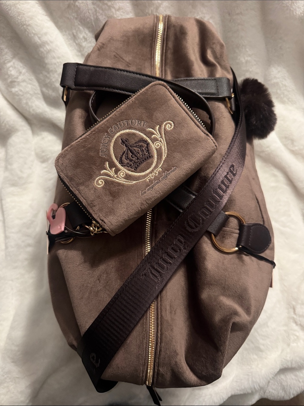 Juicy Couture Brown Velvet Travel Duffel with Pom Pom Charm